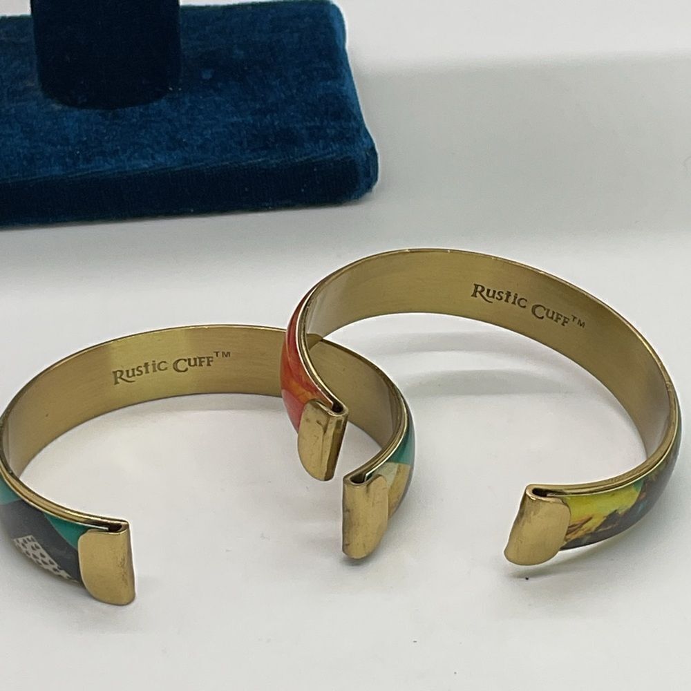 Set of 2 Rustic Cuff Colorful Geometric Patterned Bangles - Picture 4 of 4